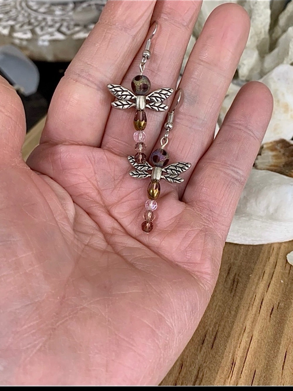 Pink & Bronze Iridescent Beaded Dragonfly Earrings - Picture 2 of 4